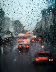 Traffic in rainy day with road view through car window with rain drops on digital art concept, Generative AI.