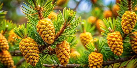 Fresh pine cones on pine tree branches in forest in spring
