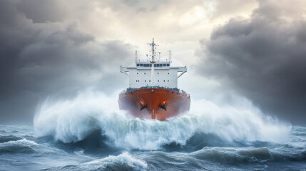 Orange ship conquers towering waves in vast ocean