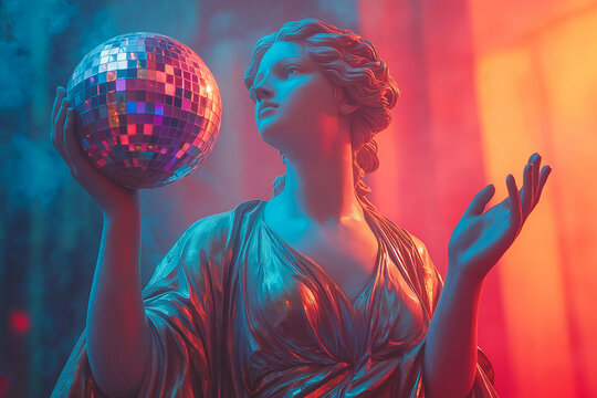 Ancient Greek statue with disco ball. A mirror disco ball in sculpture's hand, modern art, roman statue, nightlife concept, glam and chic