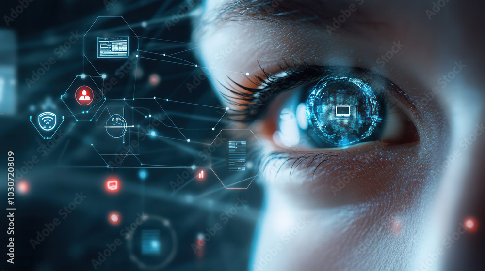 Poster digital eye scan reveals intricate technology and privacy icons, symbolizing intersection of vision 