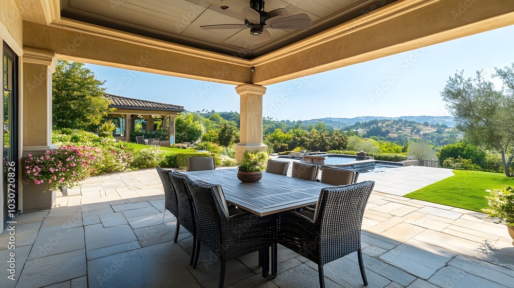 Poster 127. an open-air patio with an empty dining set and view