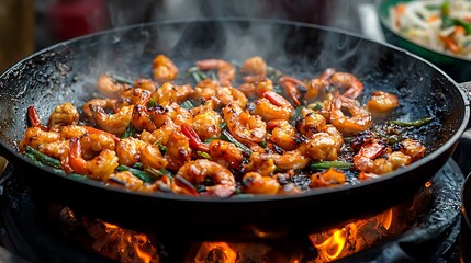 Sizzling Shrimp Cooking in Hot Pan with Smoke