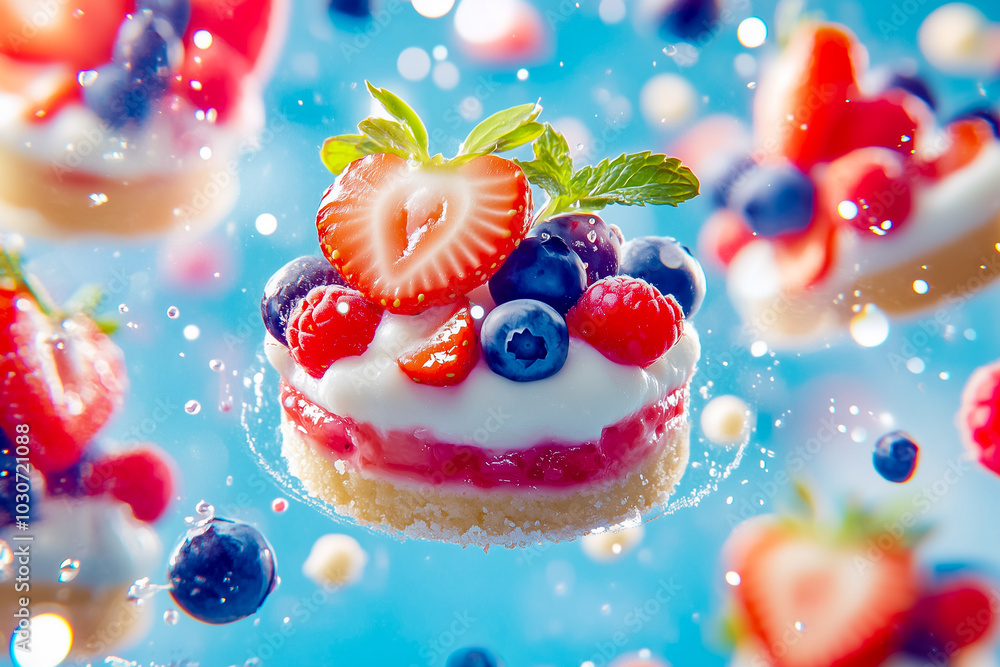 Poster a delightful tiny dessert featuring strawberry, raspberry, and blueberry toppings rests on a cream l