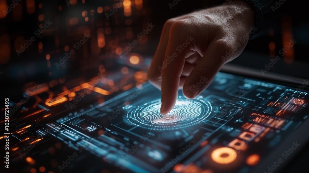 Poster a finger touches a glowing fingerprint icon on a tablet screen, representing digital security and au