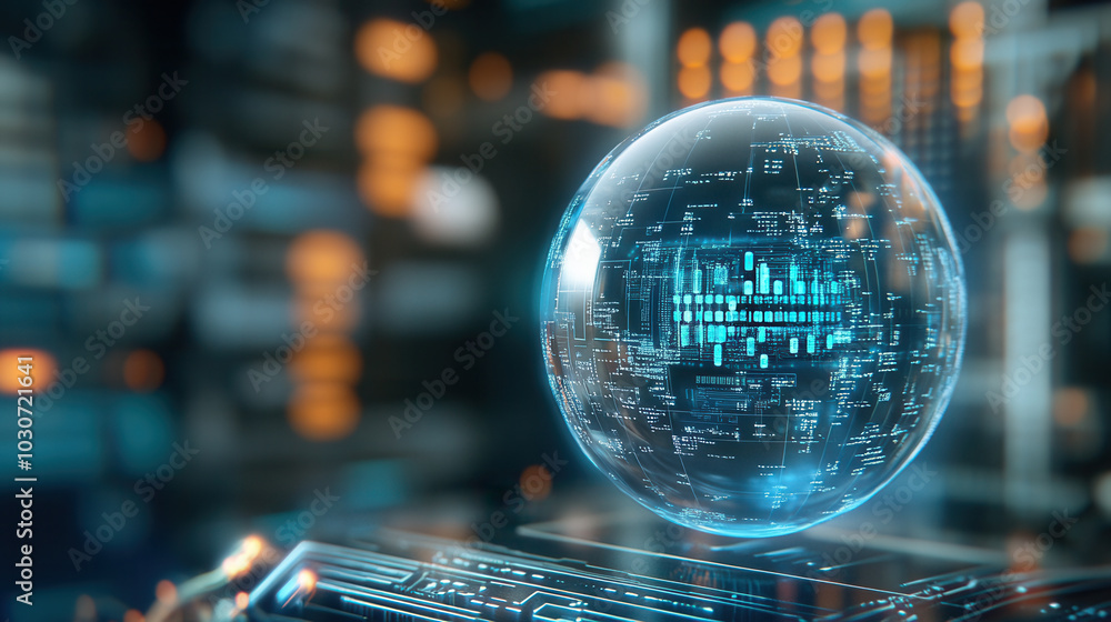 Poster futuristic digital assistant glowing in blue, surrounded by high tech environment filled with data s