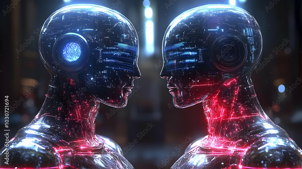 Poster futuristic humanoid robots with glowing circuitry facing each other.