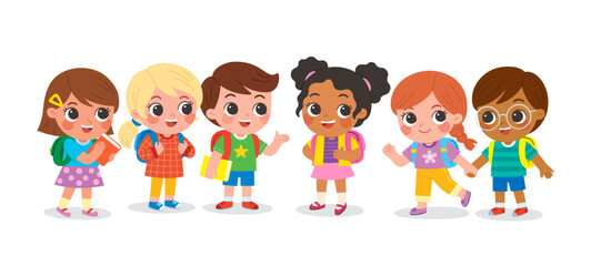 Group of elementary school children standing in the classroom and talking to each other.  Cute kids communicating with each other. Happy boys and girls meet and make friends at school.