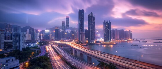 Fototapeta premium Cityscape at Twilight with Traffic Trails
