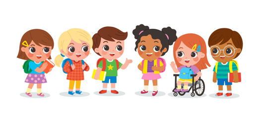 Fototapeta premium Group of elementary school children standing in the classroom and talking to each other. Cute kids communicating with each other. Happy boys and girls meet and make friends at school.