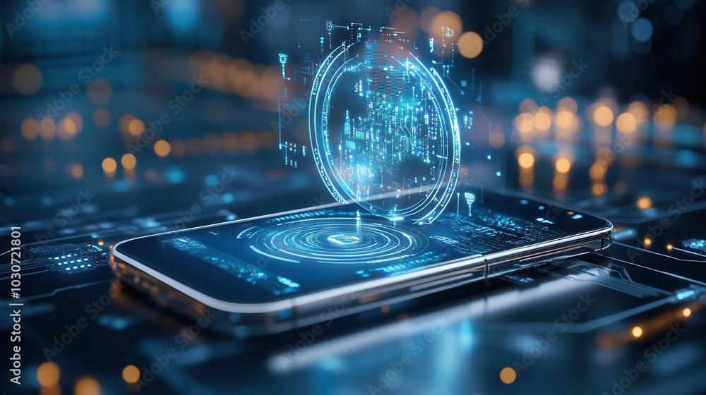 Aufkleber futuristic smartphone displaying holographic data and digital elements, showcasing advanced technolo