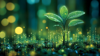 A vibrant sprout with dew against a glowing, green backdrop.