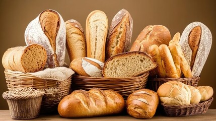 Basket of fresh bread and buns resting on a wooden table, surrounded by natural textures and warm lighting.