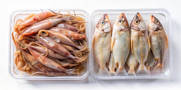 Fresh dried squid and fish in plastic packaging Eye Level