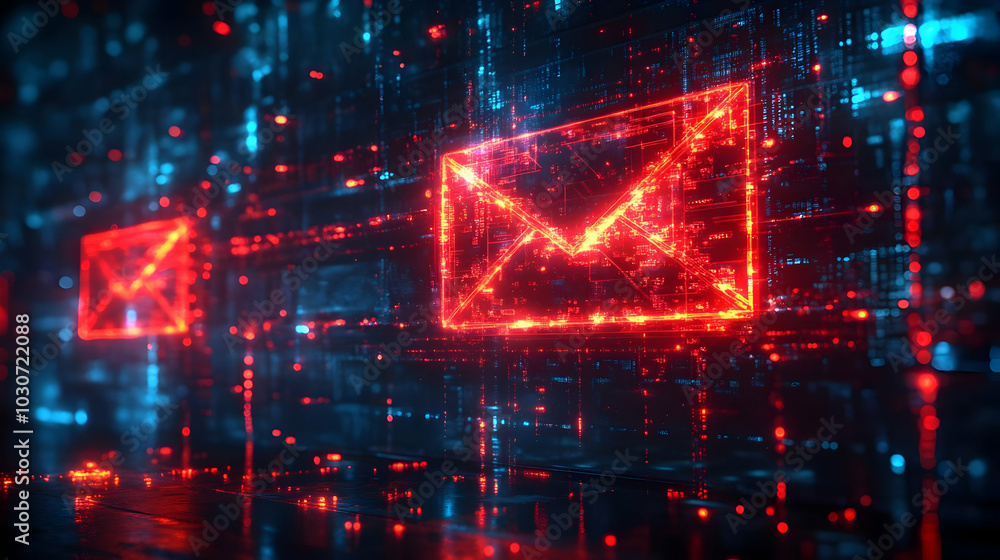 Poster digital representation of email icons in a futuristic setting.