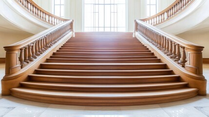 Naklejka premium Beautiful wooden staircase with intricate railings, inside a luxurious home, lit by natural light from a large window