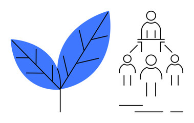 Blue leaf symbol next to a schematic hierarchical structure of people represents the themes of nature, organisation, teamwork, ecology, and leadership. Ideal for ecology, teamwork, natural resources