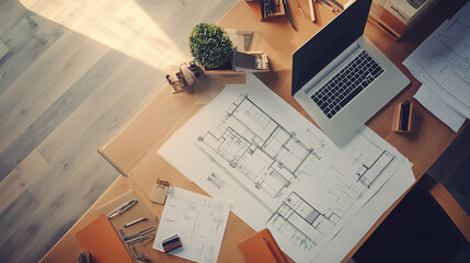 Z góry widać zorganizowane biurko architekta, pełne różnorodnych materiałów i narzędzi potrzebnych do pracy. Plany budowlane i projekty leżą starannie rozłożone obok przyborów inżynieryjnych.