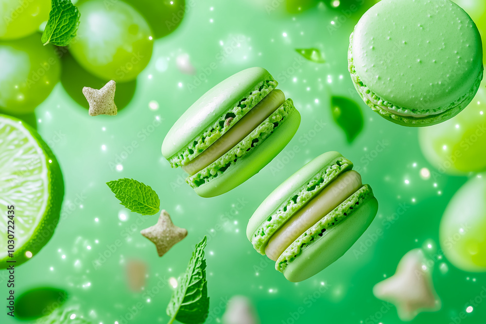 Poster delicious green macarons are displayed surrounded by fresh lime slices, mint leaves, and soft candie