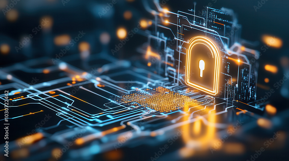 Poster glowing digital lock symbolizes security, protecting vast network of interconnected data. this repre