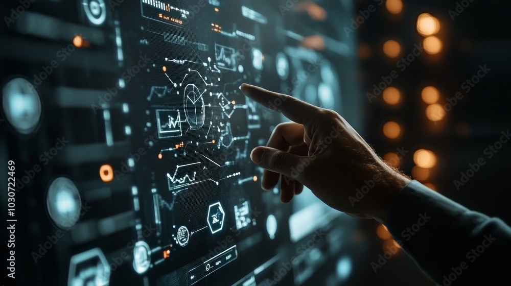 Poster a hand points at a futuristic digital interface filled with graphs, charts, and data visualizations,
