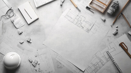 Z góry widać zorganizowane biurko architekta, pełne różnorodnych materiałów i narzędzi potrzebnych do pracy. Plany budowlane i projekty leżą starannie rozłożone obok przyborów inżynieryjnych.
