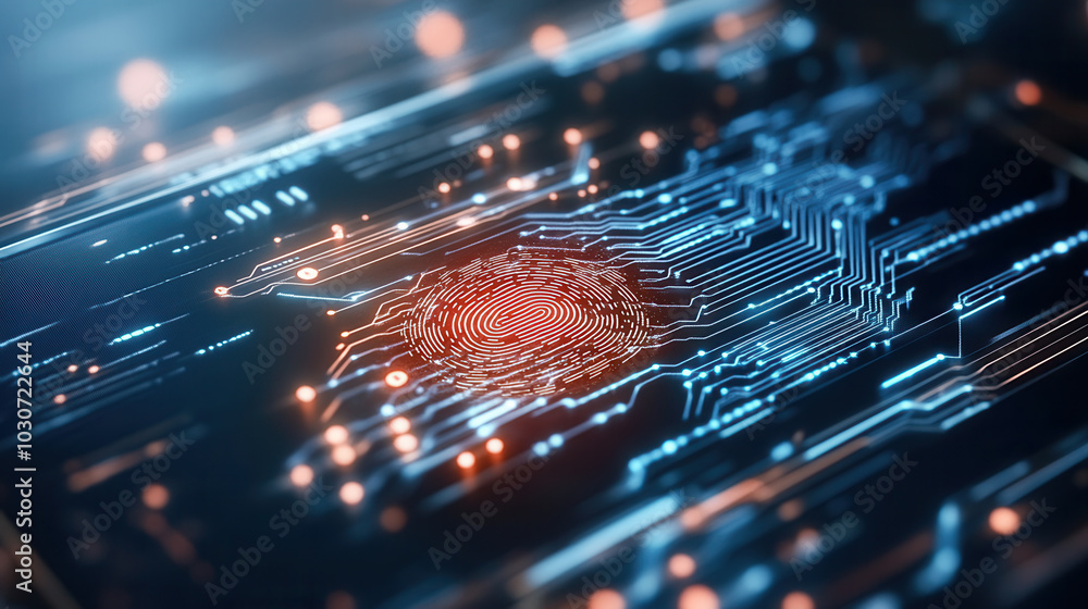 Poster glowing fingerprint scanner on futuristic device showcases advanced technology and security features