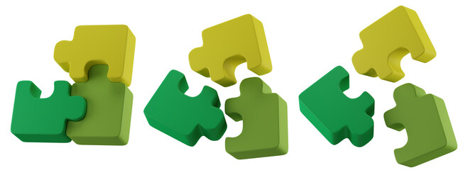 set of 3d jigsaw with transparent background, PNG, 3d render puzzle of colorful jigsaw, yellow and green jigsaw