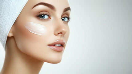 Młoda kobieta o idealnie gładkiej sk&oacute;rze poddaje się zabiegowi kosmetycznemu. 