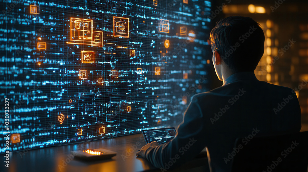 Poster person is focused on digital interface in dimly lit room, analyzing encrypted data and visualization