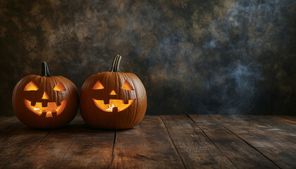 Halloween pumpkin lantern lamp Jack-o'-lantern on a wooden table, dark background with mystic fog, steam, mist