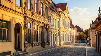A narrow cobblestone street lined with historic buildings in a European city, bathed in the golden light of sunrise.