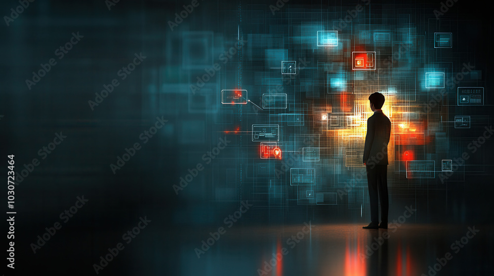 Poster hacker standing outside glowing digital fortress, surrounded by vibrant data streams and holographic