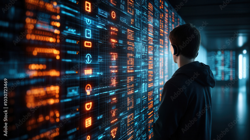 Poster hacker in dimly lit room is focused on encrypted wall of data, surrounded by glowing digital element