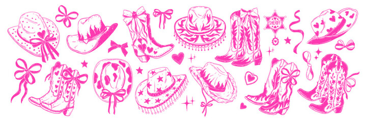 Coquettish cowgirl hat set, vector pink girly cowboy boots wild west traditional clothes ribbon bow. Groovy hand drawn party costume Texas American shoes doodle fashion. Cowgirl hat bachelorette print