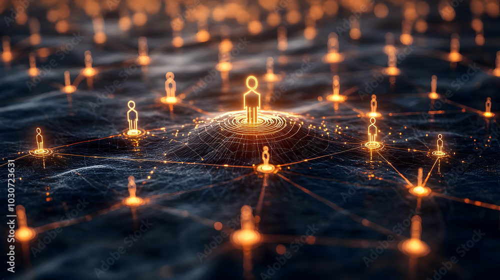 Poster digital network visualization with illuminated human figures.