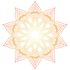 Circular decorative mandala or rangoli pattern with an yellow to red color gradient