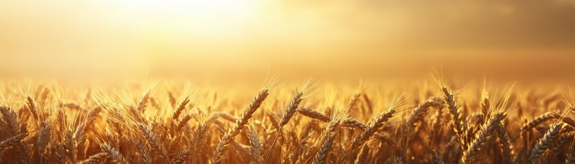 Golden wheat field under a bright sunset, showcasing nature's beauty and agricultural abundance.