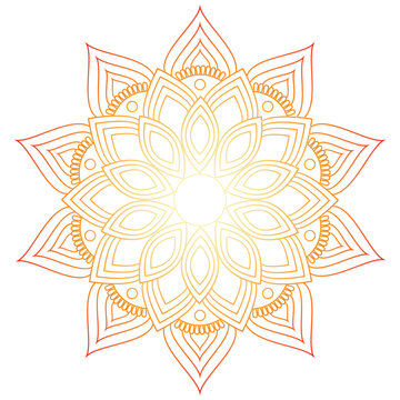 Circular decorative mandala or rangoli pattern with an yellow to red color gradient