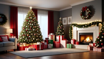 fully decorated christmas tree sits living room christmas day surrounded lights gifts