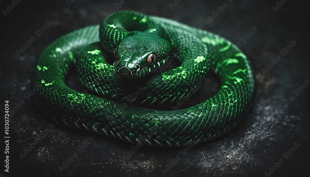 Aufkleber emerald green tree python coiled up, close-up of a vibrant reptile with scales on a dark background
