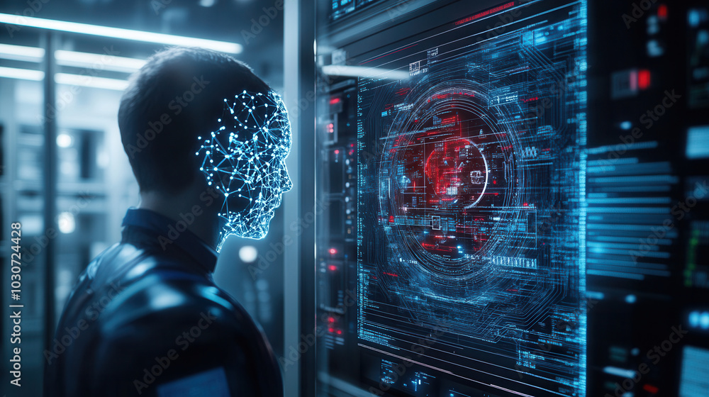Poster digital avatar with networked face interacts with futuristic interface, showcasing advanced technolo