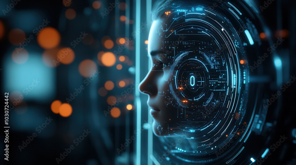 Poster digital avatar is depicted, floating inside secure environment, showcasing advanced technology and f