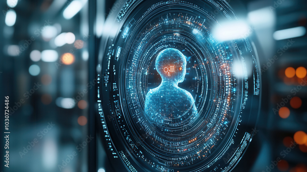 Poster digital avatar floating inside secure environment, surrounded by glowing data and technology element