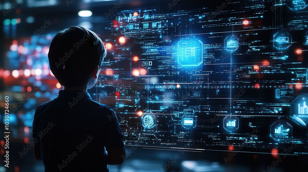 Poster child stands in awe, gazing at futuristic digital interface filled with glowing data and technology 