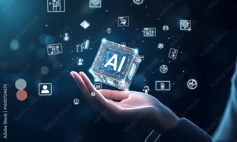 Poster digital hand holding a tablet with glowing text ai on a dark background, a digital technology concep