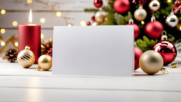 blank card sits among festive decorations white wooden table awaiting handwritten holiday message space