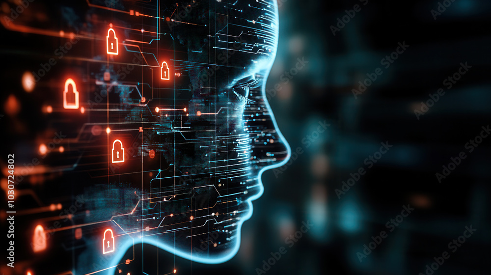 Poster digital representation of persons profile with network of locks and data, symbolizing security and p