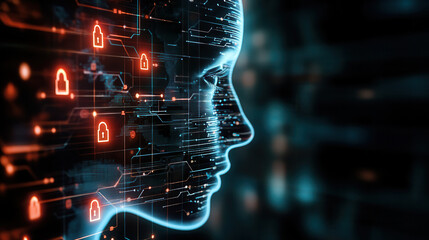 Digital representation of persons profile with network of locks and data, symbolizing security and privacy in digital age. image evokes sense of technology and protection