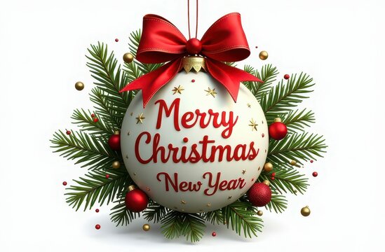 Christmas Ball Build Of Vairous Christmas Decoration And Ornaments. English Text Merry Christmas And A Happy New Year. Fir Branch With Riboon And Bow. White Isolated Background--ar 3:2